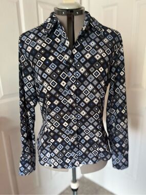New York & Company Geometric Tailored Button Down Shirt, Blue & Grey, Size L